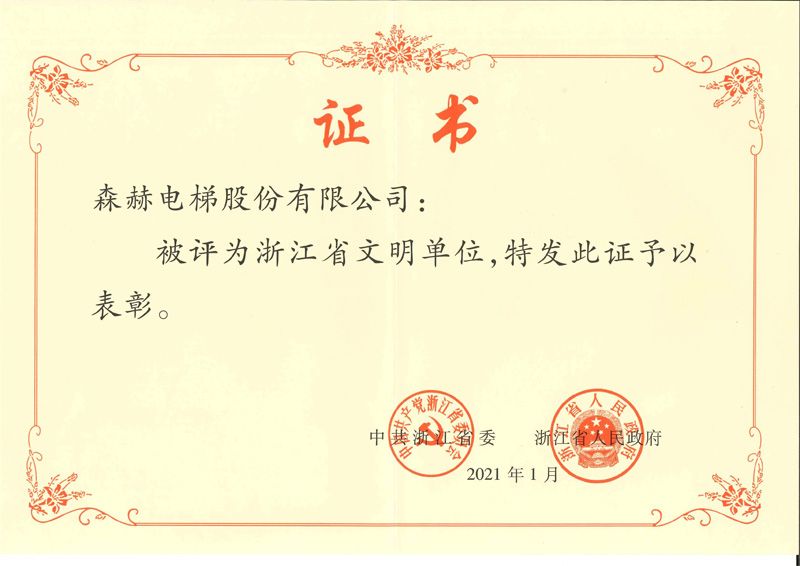 浙江省文明單位榮譽(yù)證書副本